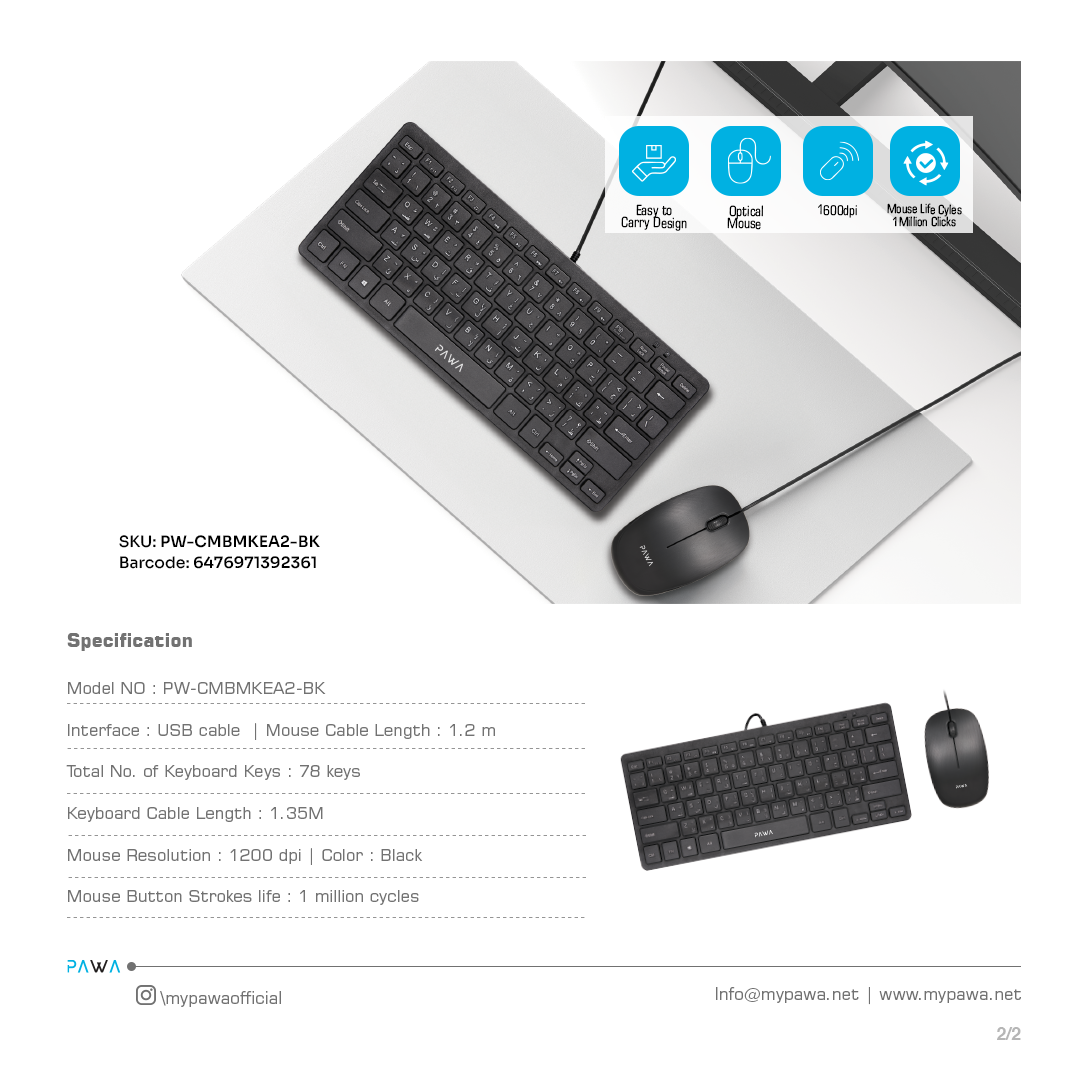 Wired Slim Keyboard & Mouse Mini Desktop Pack - PAWA