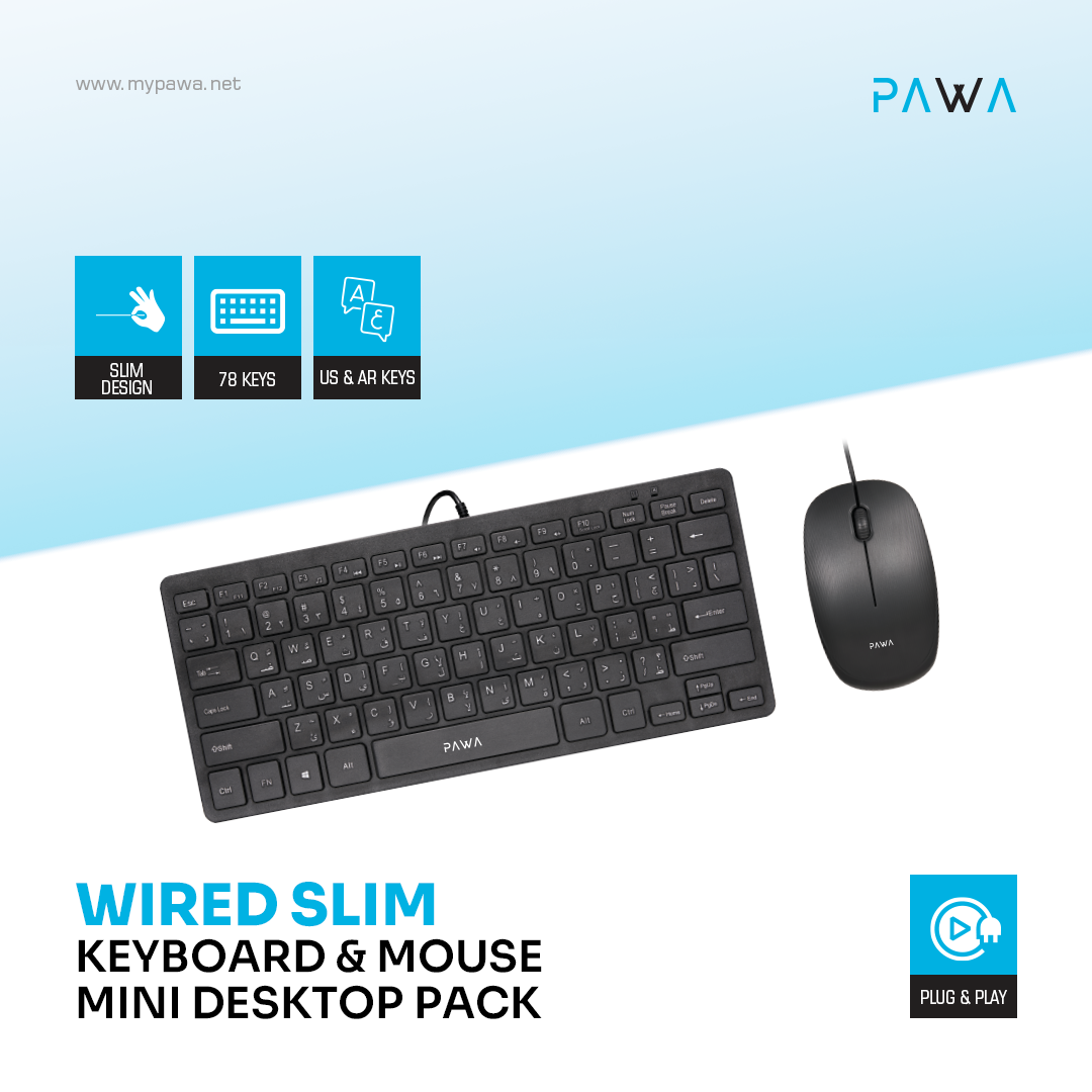Wired Slim Keyboard & Mouse Mini Desktop Pack - PAWA